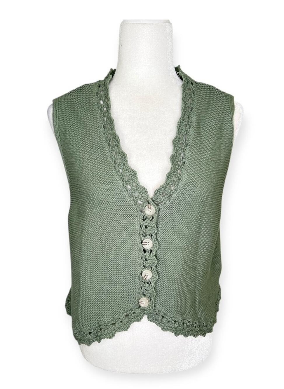 Francesca's Closet Sage Green Knit Crochet Cotton Vest Decorative Buttons LGE